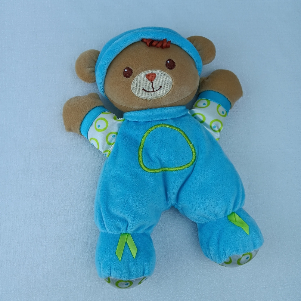Fisher Price Brilliant Basics 2008 baby Bear Blue Rattle Plush Toy 10"